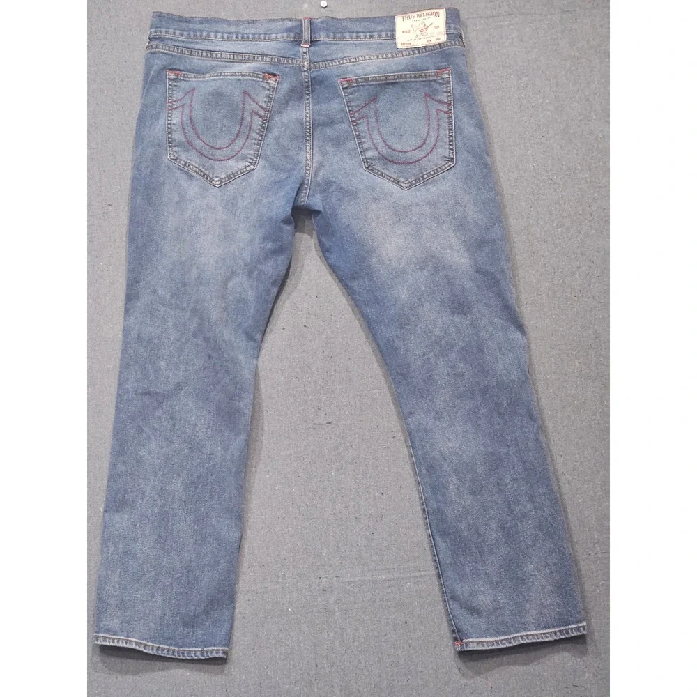 True Religion Ricky Relaxed Straight Jeans Mens 40 Medium Wash Blue Red Stitch